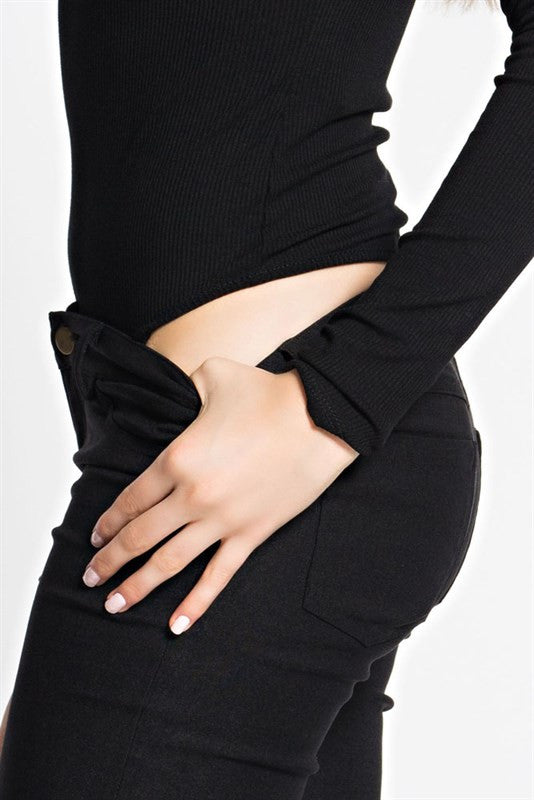 THE MYSTYLEMODE BLACK LONG SLEEVE RIBBED FUNNEL NECK BODYSUIT