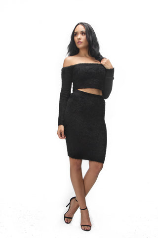 THE MYSTYLEMODE BLACK TWO PIECE LONG SLEEVE CROP TOP AND ASYMMETRICAL PENCIL SKIRT SET
