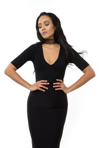 THE MYSTYLEMODE MOCHA V NECK LOW BACK DOUBLE LINED ESSENTIAL MIDI DRESS