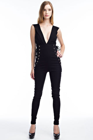 THE MYSTYLEMODE BRICK WITH DEEP SIDE LACE UP JUMPSUIT