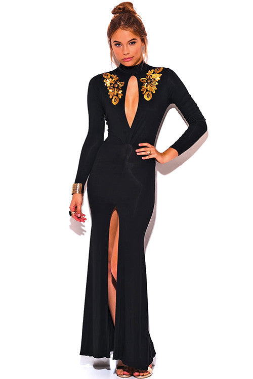 GOLD SEQUIN APPLIQUE CUT OUT SLIT LONG SLEEVE FORMAL EVENING DRESS