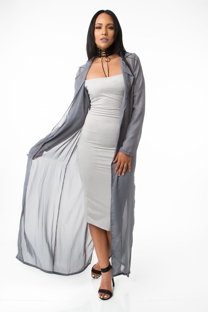 THE MYSTYLEMODE LIGHT GRAY LIGHTWEIGHT CHIFFON TRENCH