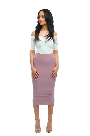 THE MYSTYLEMODE CAMEL DOUBLE LINED STRETCH HIGH WAISTED MIDI SKIRT
