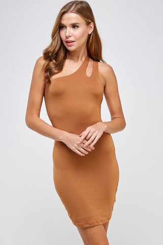THE MYSTYLEMODE TAUPE KNIT RIBBED OFF THE SHOULDER MIDI DRESS