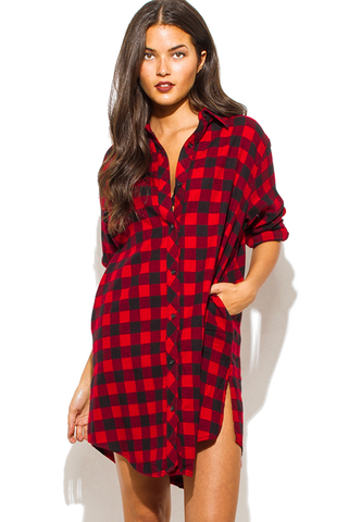 THE MYSTYLEMODE GREEN AND BLACK POCKETED FLANNEL TUNIC DRESS