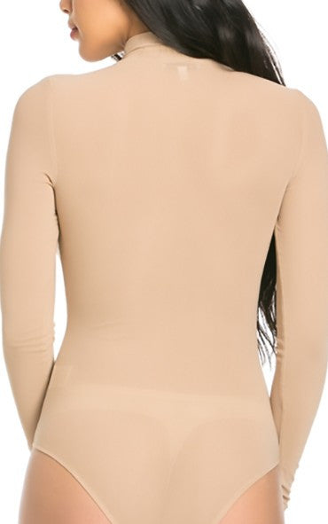THE MYSTYLEMODE TAUPE MESH LONG SLEEVE TURTLENECK BODYSUIT