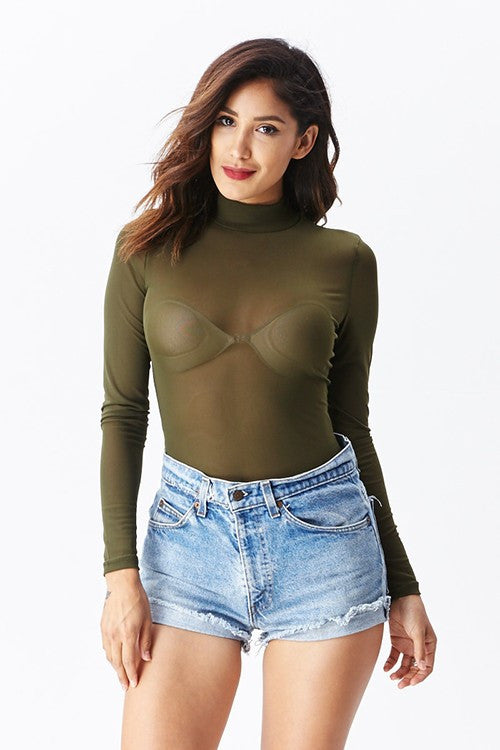 THE MYSTYLEMODE OLIVE MESH TURTLENECK BODYSUIT