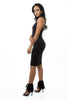 THE MYSTYLEMODE BLACK SUEDE SPAGHETTI DOUBLE LINED ZIPPER BACK MIDI DRESS