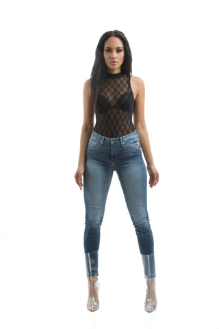 THE MYSTYLEMODE CHARCOAL V NECK LOW BACK DOUBLE LINED ESSENTIAL BODYSUIT