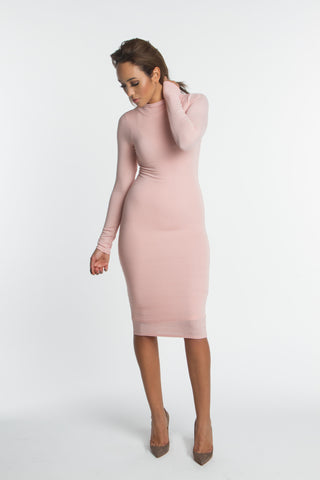 THE MYSTYLEMODE TAUPE FITTED KNIT MIDI SKIRT