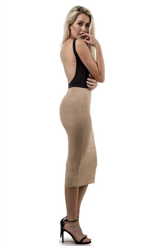 THE MYSTYLEMODE TAUPE RIBBED LONG SLEEVE KNEE LENGTH DRESS