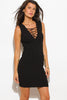 BLACK RIBBED KNIT LACEUP SLEEVELESS SEXY SWEATER MINI DRESS