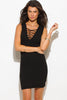 BLACK RIBBED KNIT LACEUP SLEEVELESS SEXY SWEATER MINI DRESS