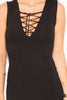 BLACK RIBBED KNIT LACEUP SLEEVELESS SEXY SWEATER MINI DRESS