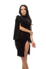 THE MYSTYLEMODE BLACK VELVET HIGH NECK SIDE SLIT BELL ARMS MIDI DRESS