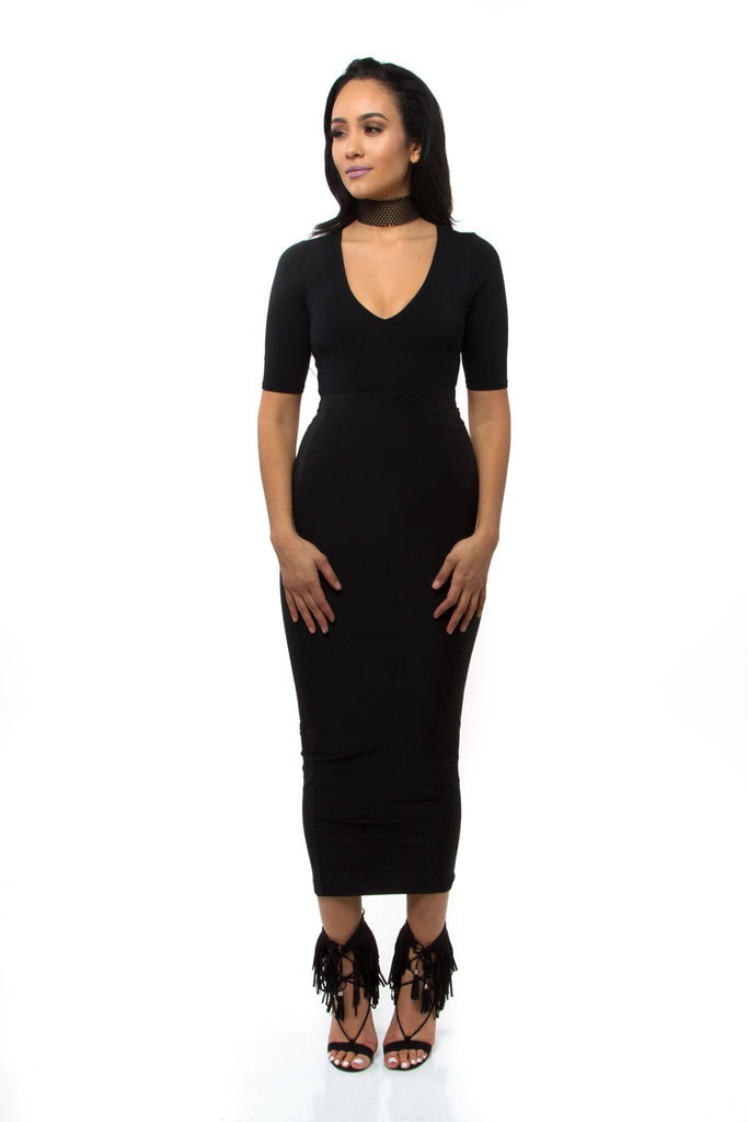 THE MYSTYLEMODE BLACK V NECK 3/4 SLEEVE BODYSUIT