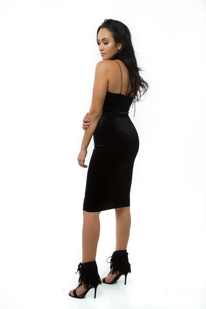 THE MYSTYLEMODE VELVET DOUBLE LINED V NECK MIDI DRESS