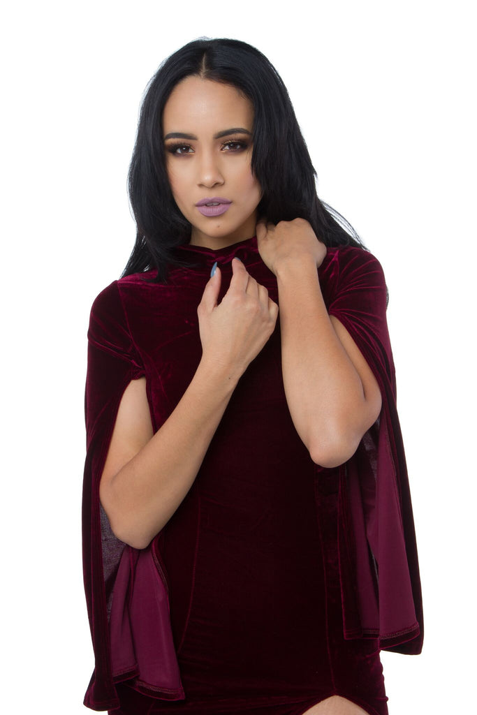 THE MYSTYLEMODE BURGUNDY VELVET HIGH NECK SIDE SLIT BELL ARMS MIDI DRESS