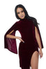 THE MYSTYLEMODE BURGUNDY VELVET HIGH NECK SIDE SLIT BELL ARMS MIDI DRESS