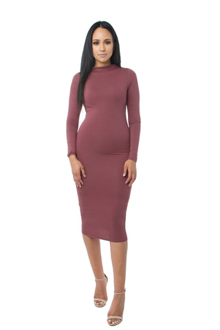 THE MYSTYLEMODE TAUPE RIBBED LONG SLEEVE KNEE LENGTH DRESS