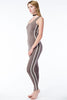 FINAL SALE-THE MYSTYLEMODE MOCHA WITH WHITE STRIPES SIDE MESH JUMPSUIT