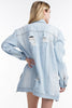 THE MYSTYLEMODE LIGHT WASH DISTRESSED DENIM OVERSIZED JEAN JACKET