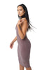 THE MYSTYLEMODE MOCHA V NECK LOW BACK DOUBLE LINED ESSENTIAL MIDI DRESS