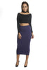 FINAL SALE-THE MYSTYLEMODE NAVY DOUBLE LINED STRETCH HIGH WAISTED MIDI SKIRT